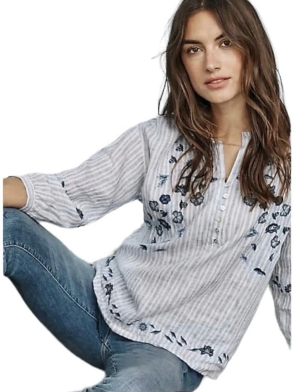 J.Jill Love Linen Blue&White Striped Embroidered Linen Blend Blouse XL - Picture 6 of 6